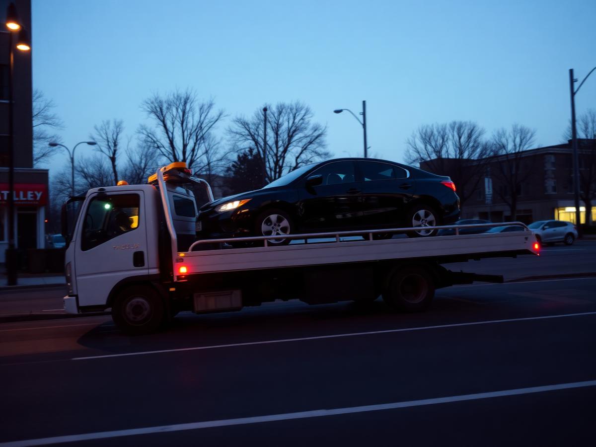 Tilt tray tow truck loading a car at dusk